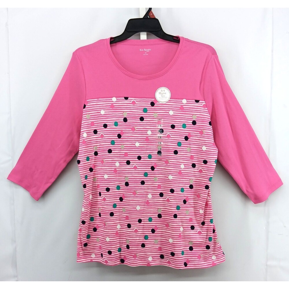 Kim Rogers Curvy Shirt Women Size 1X Pink Striped Polka Dot 3/4 Sleeve Top NWT